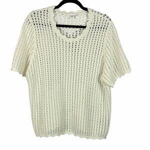 GAP Open Knit Short Sleeve Sweater Cream Scalloped Edge XL Classic Coastal